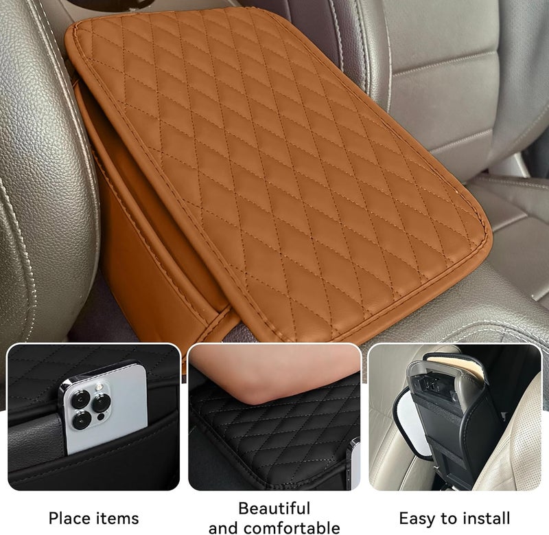 Tioollev Car Armrest Box Cover Diamond Quilted Grade Leather Console Organizer Car with Side Storage Pocket Universal Vehicle Middle Console Cover, Most Vehicle, SUV, Truck. (Orange) - Image 3